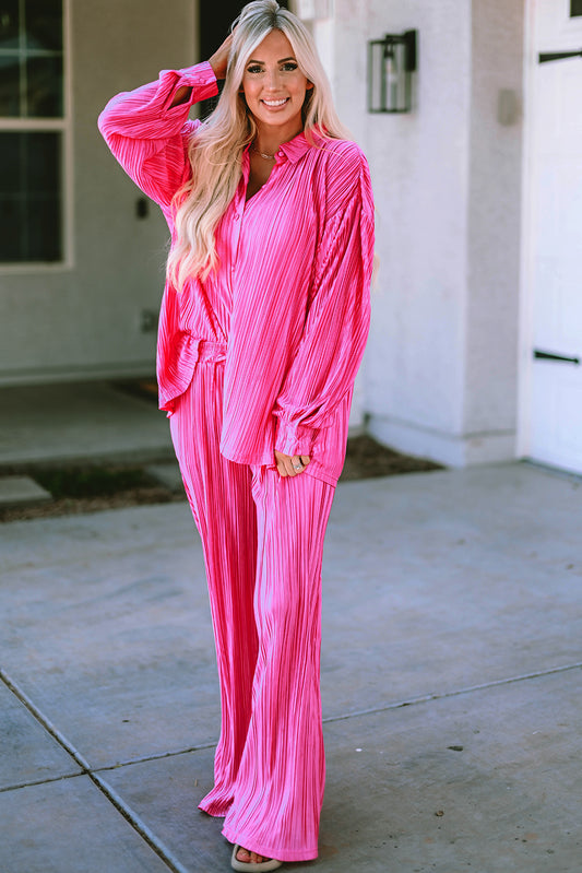 Hot Pink Rose Pleated Long Sleeve Shirt & Wide-Leg Pants Set
