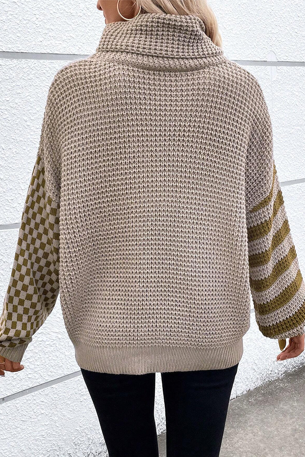 Smoke Gray Striped Plaid Waffle Knit Turtleneck Sweater