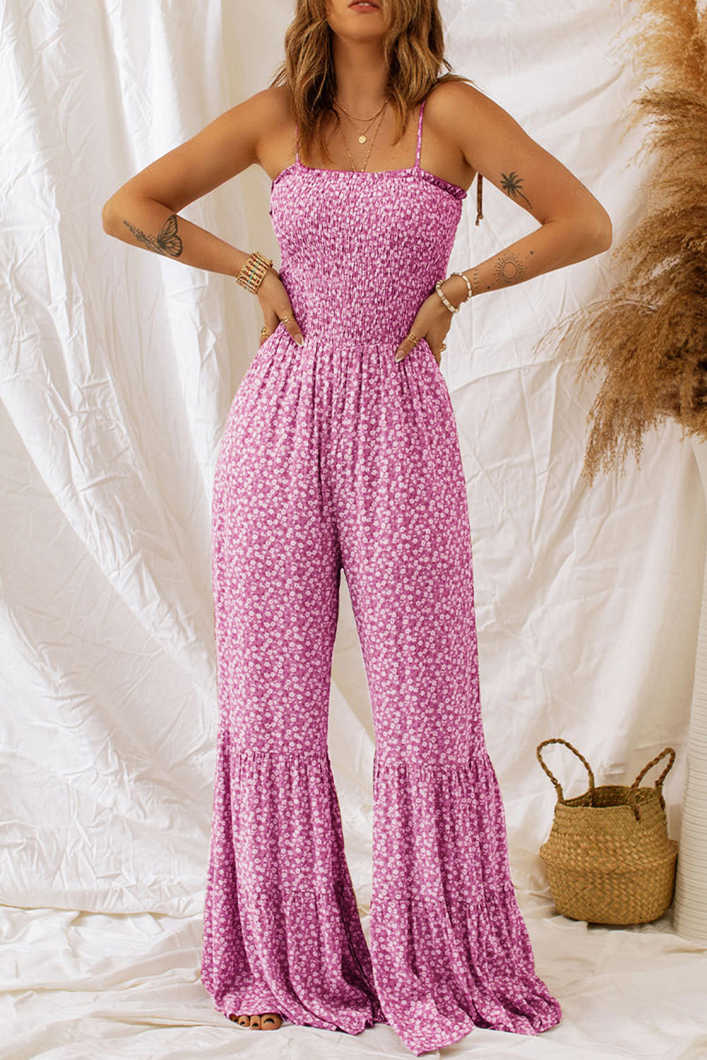 Floral Spaghetti Strap Jumpsuit with Smoked Bodice and Wide Leg