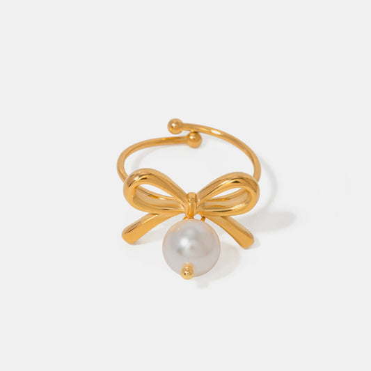 Bow Babe Gold Pearl Bow Ring