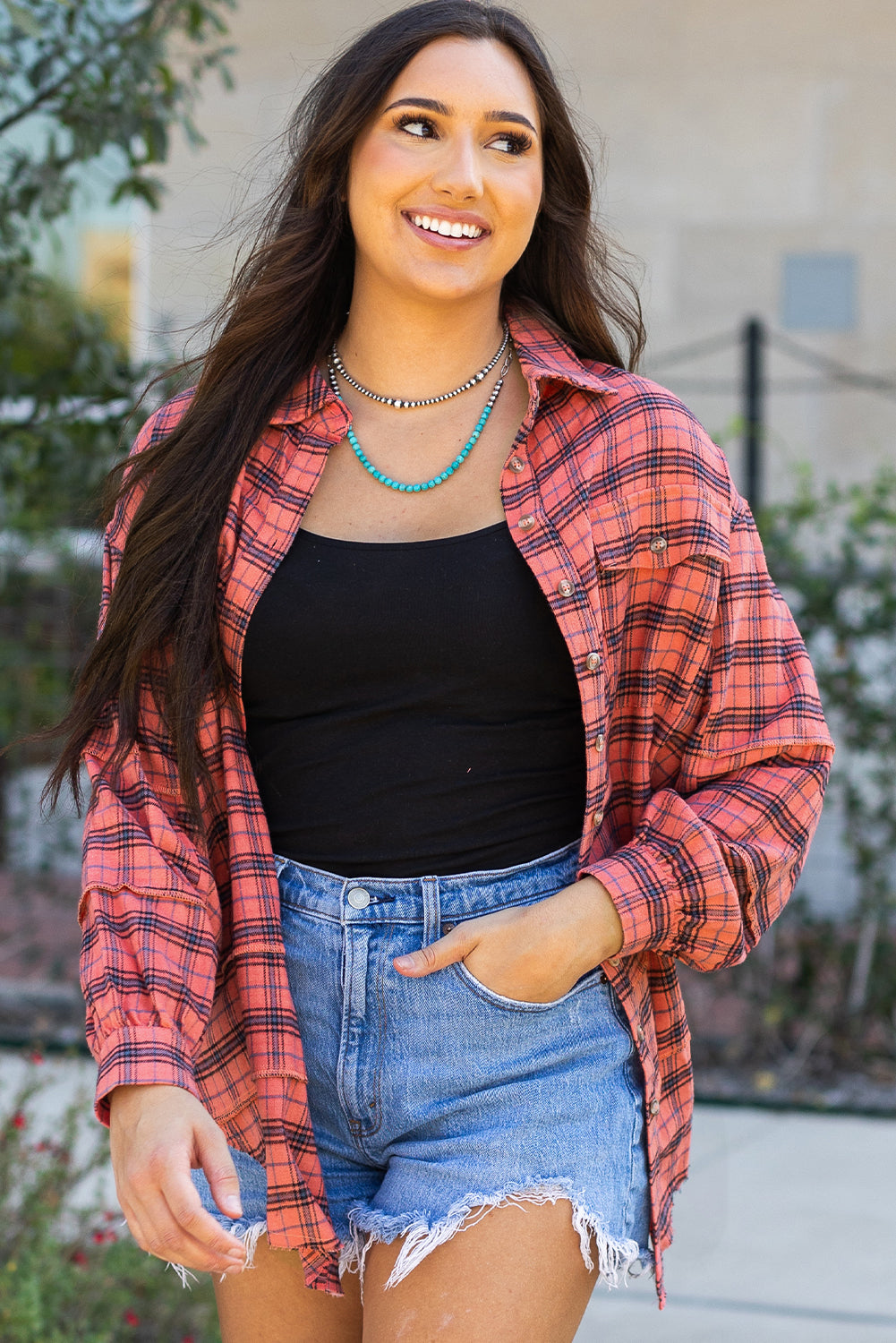 Plaid Long Sleeve Side Distressed Shirt