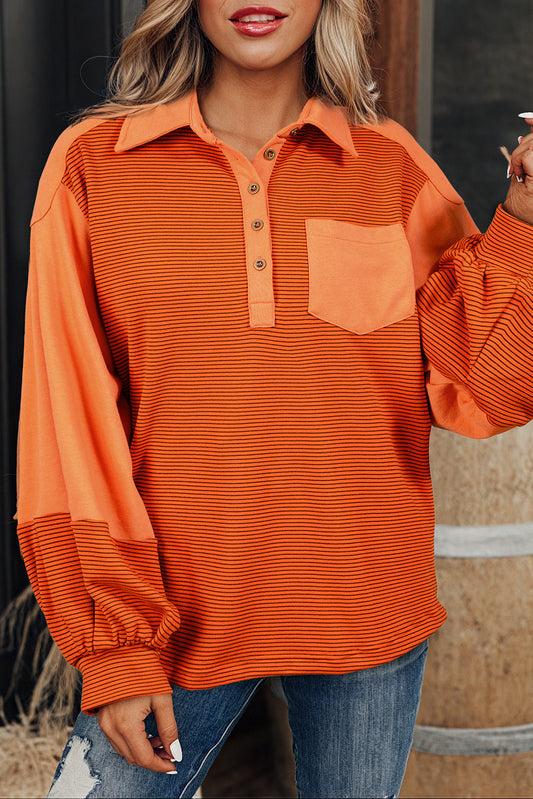 Trendy Henley Pullover with Puff Sleeves and Exposed Seams