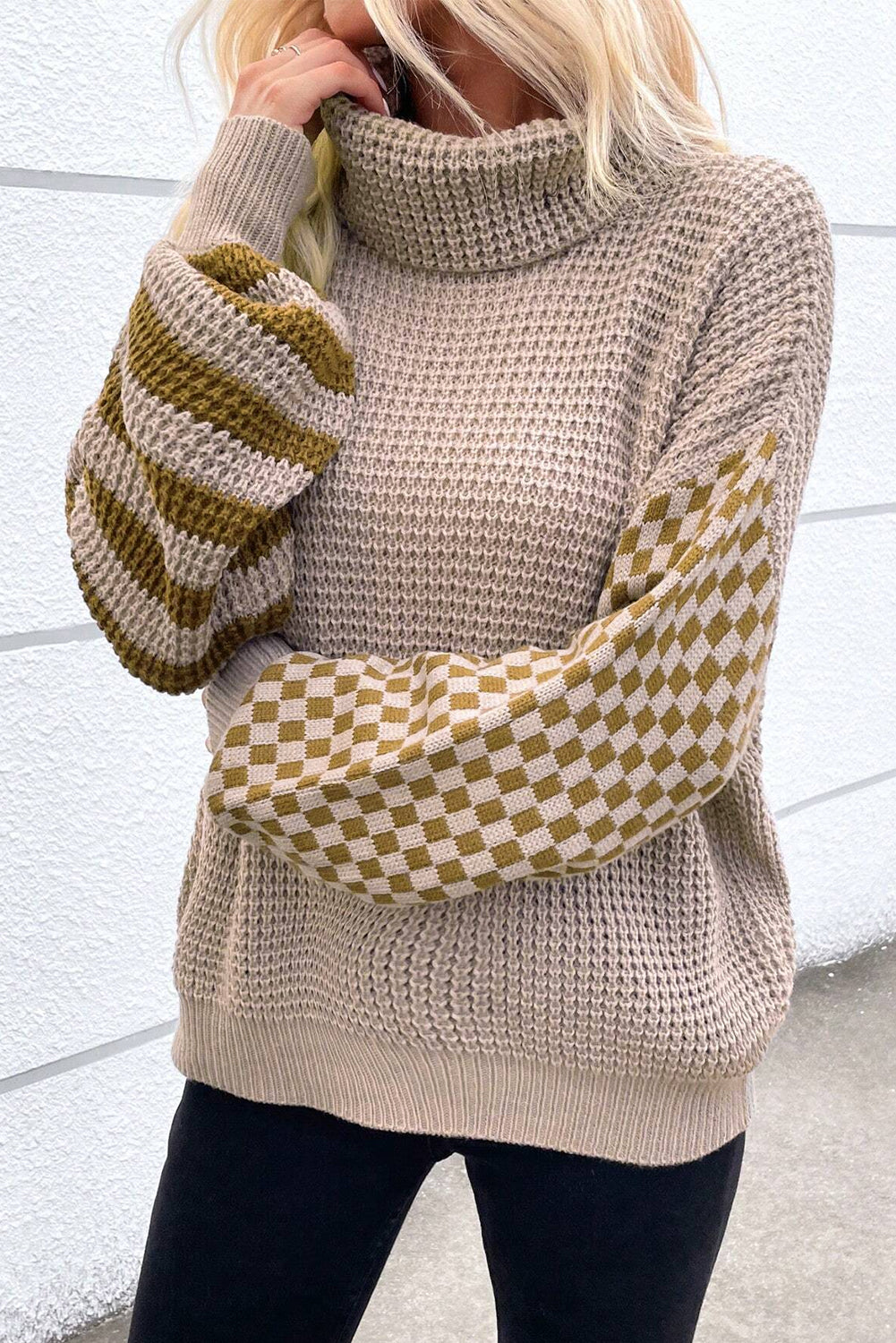 Smoke Gray Striped Plaid Waffle Knit Turtleneck Sweater