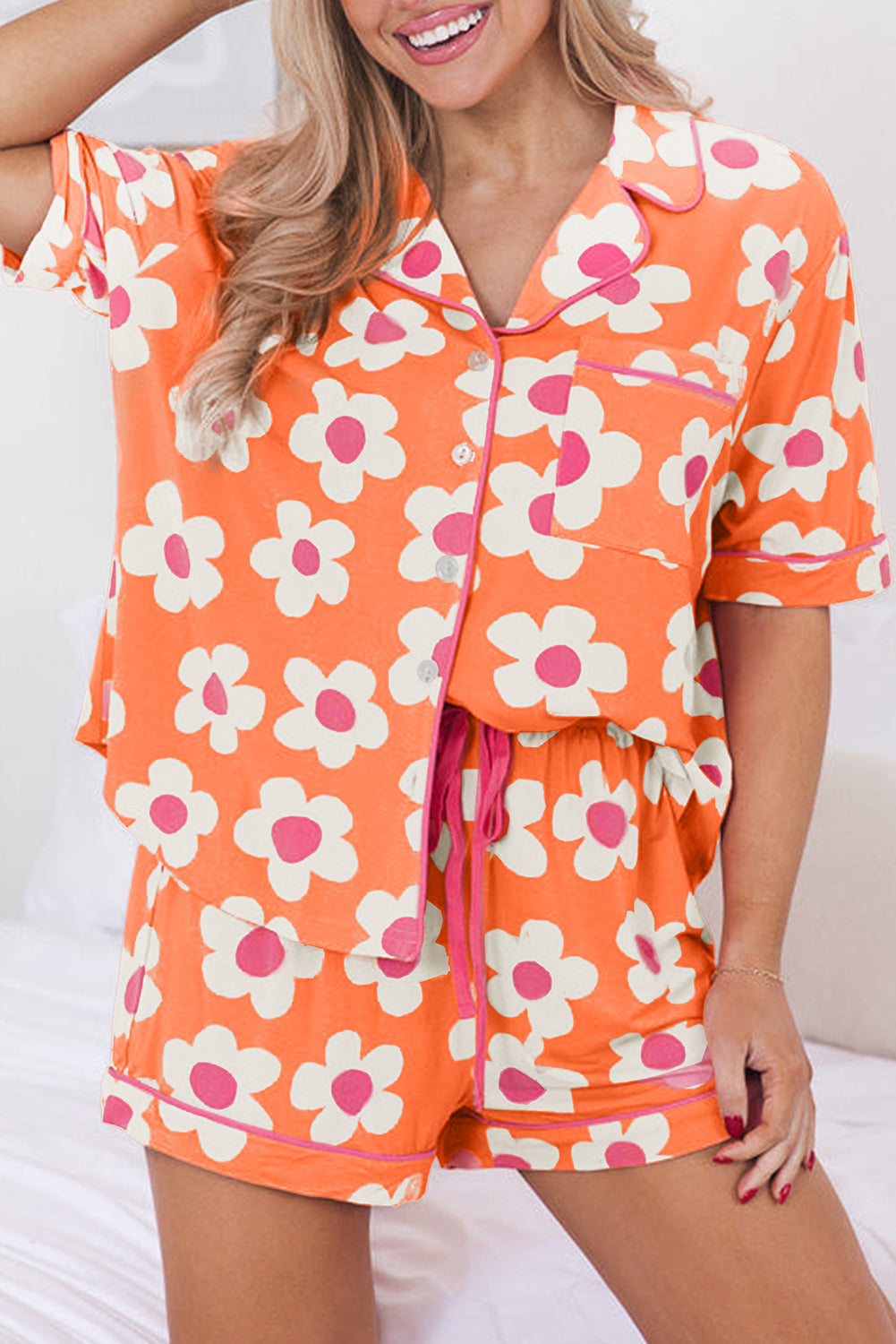 Orange Floral Print Short Sleeve Shirt Pajamas Set