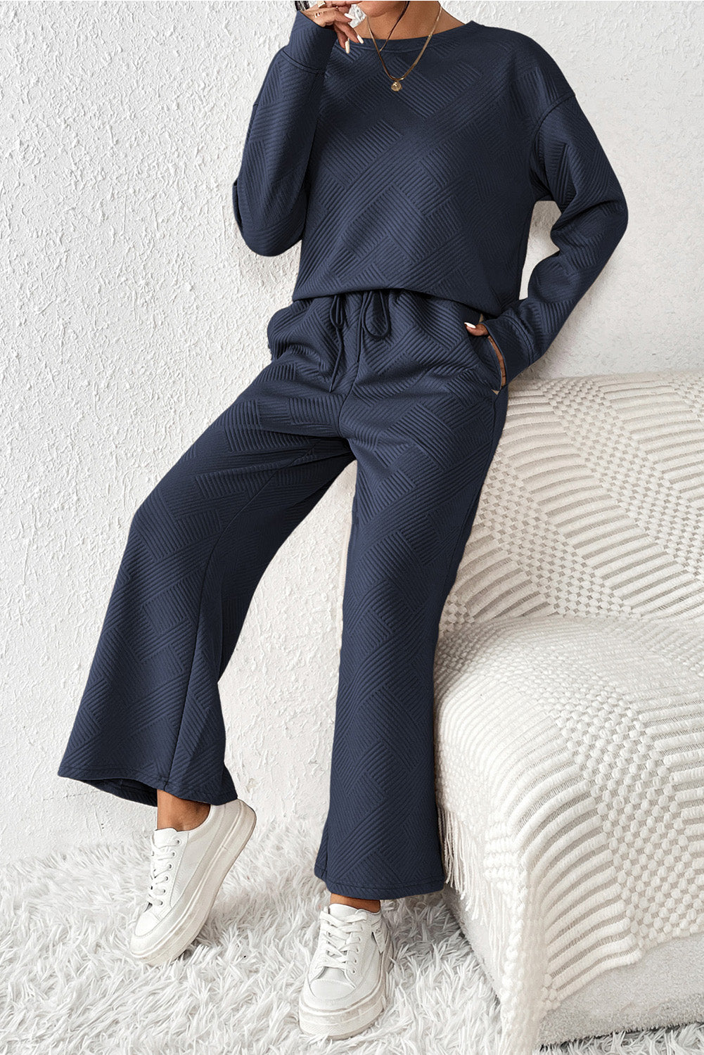 Textured Loose Slouchy Long Sleeve Top and Pants Set
