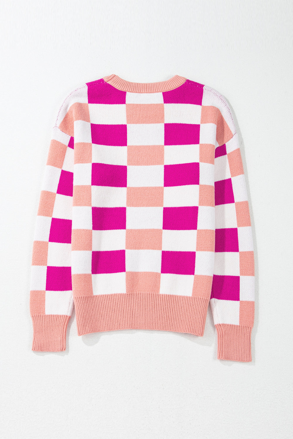 Pink Checkered Ribbed Edge Shoulder Sweater