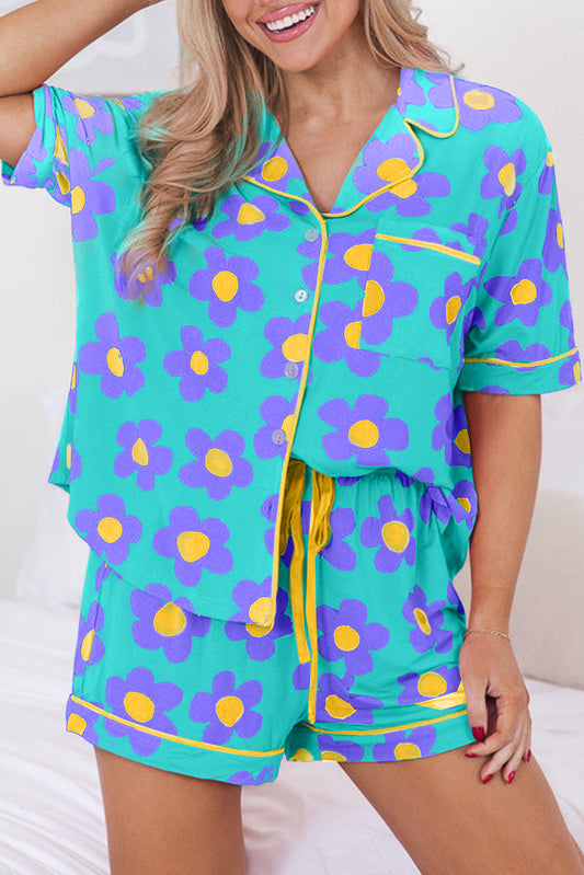Green Flower Print Pajamas Set