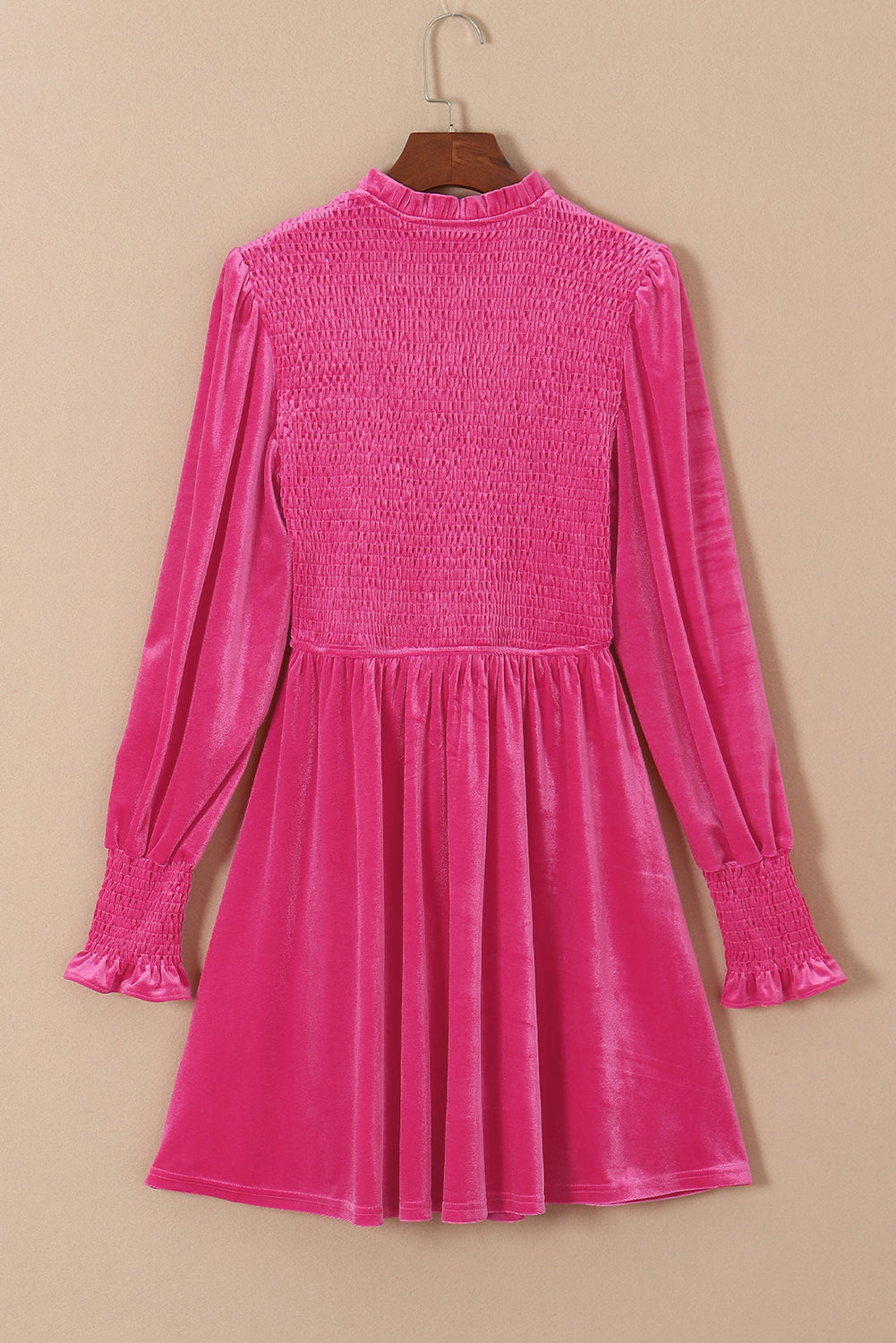 Red Smocked Lantern Sleeve Frilled Velvet Dress