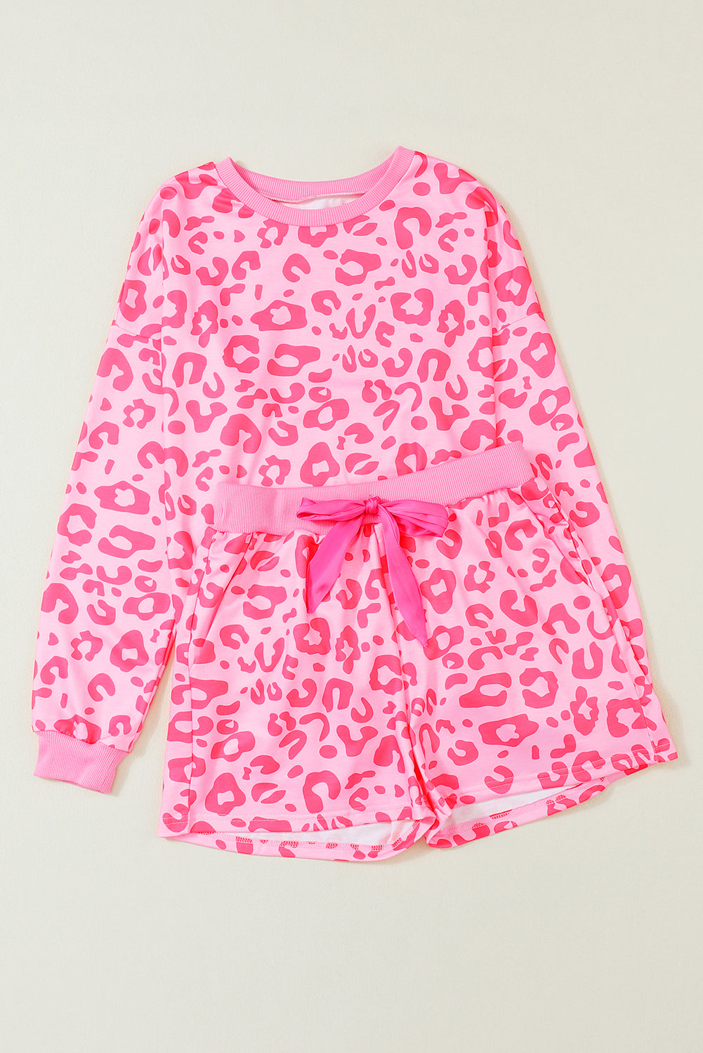 Pink Leopard Long Sleeve Satin Two Piece Set