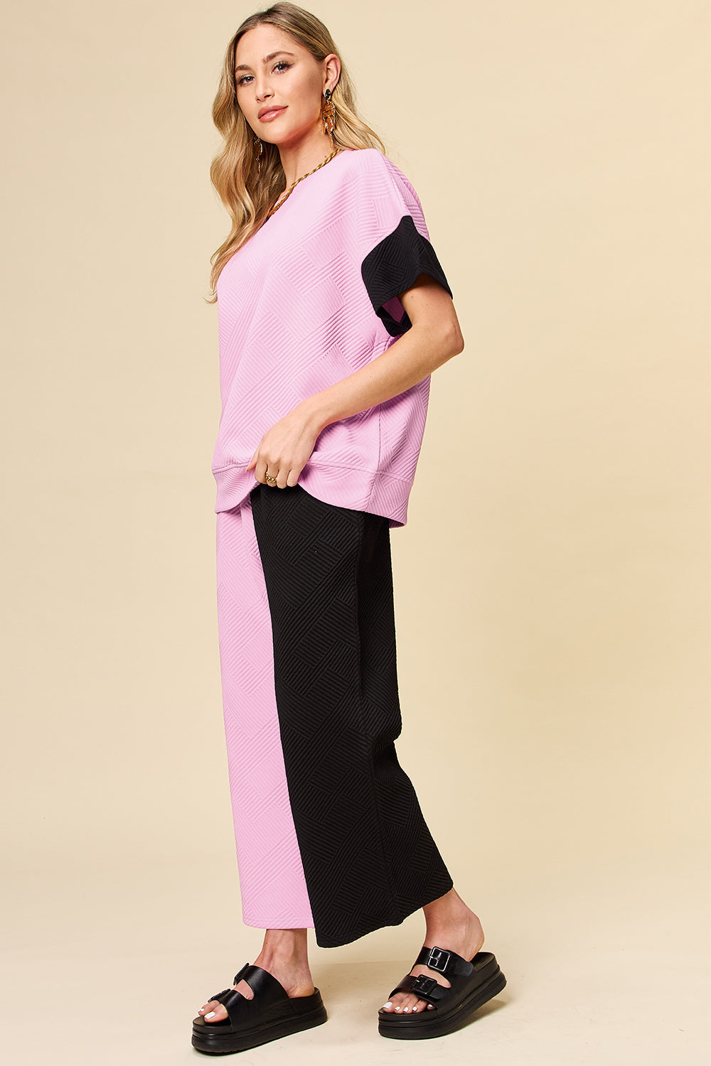 black and white Double Take Full Size Texture Contrast T-Shirt and Wide Leg Pants Set