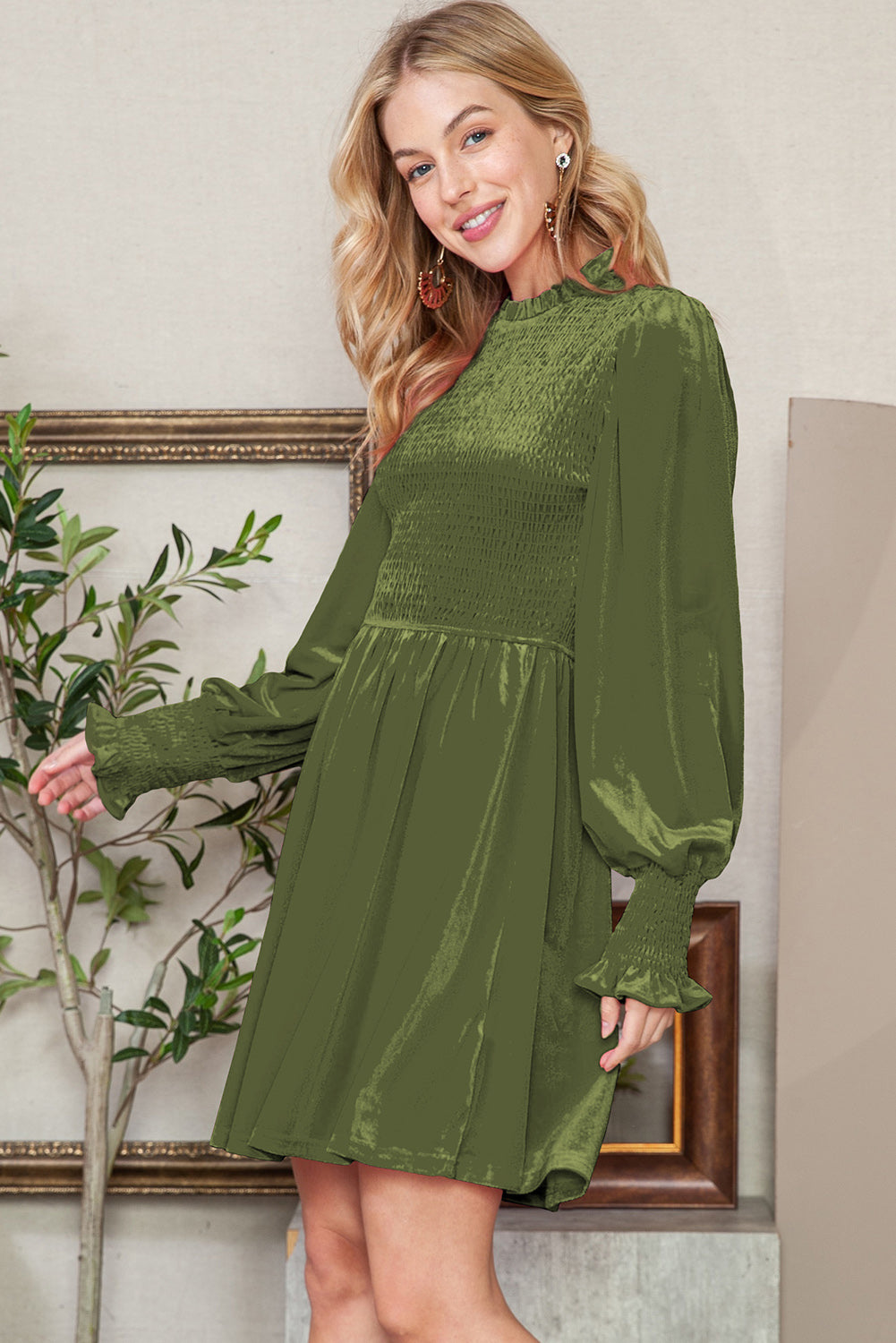 Red Smocked Lantern Sleeve Frilled Velvet Dress
