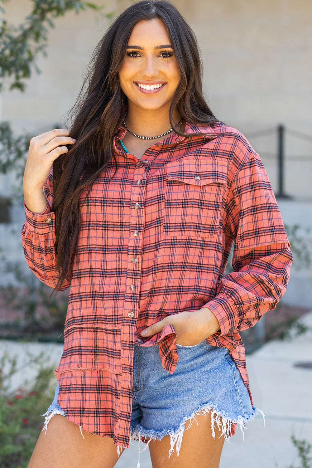 Plaid Long Sleeve Side Distressed Shirt