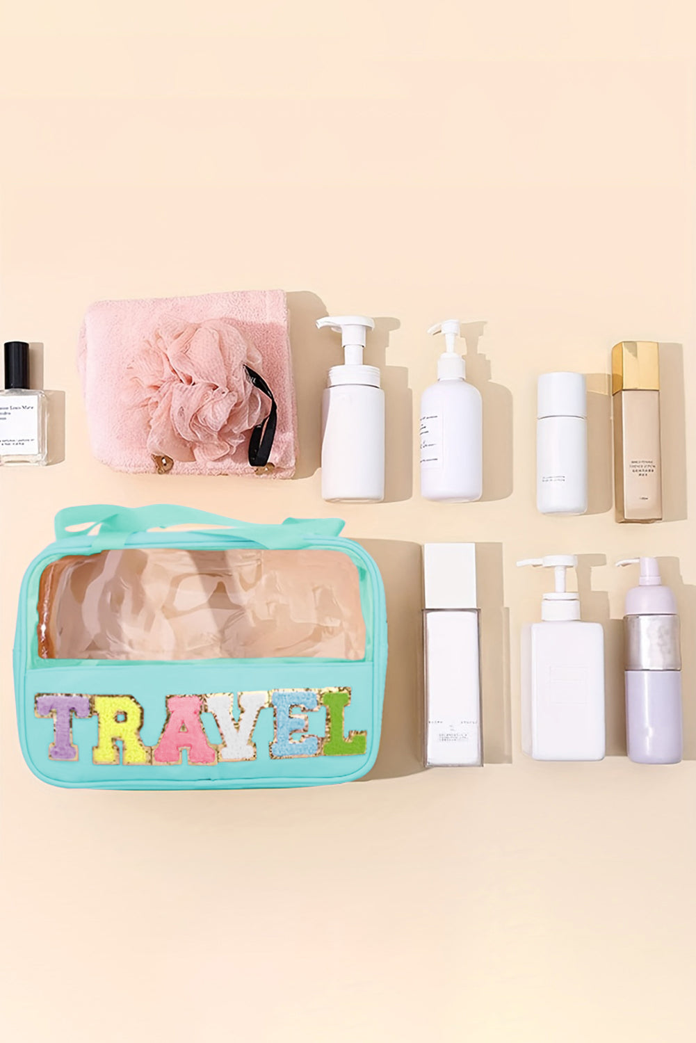 Mint Green TRAVEL Chenille Letter Clear Makeup Bag