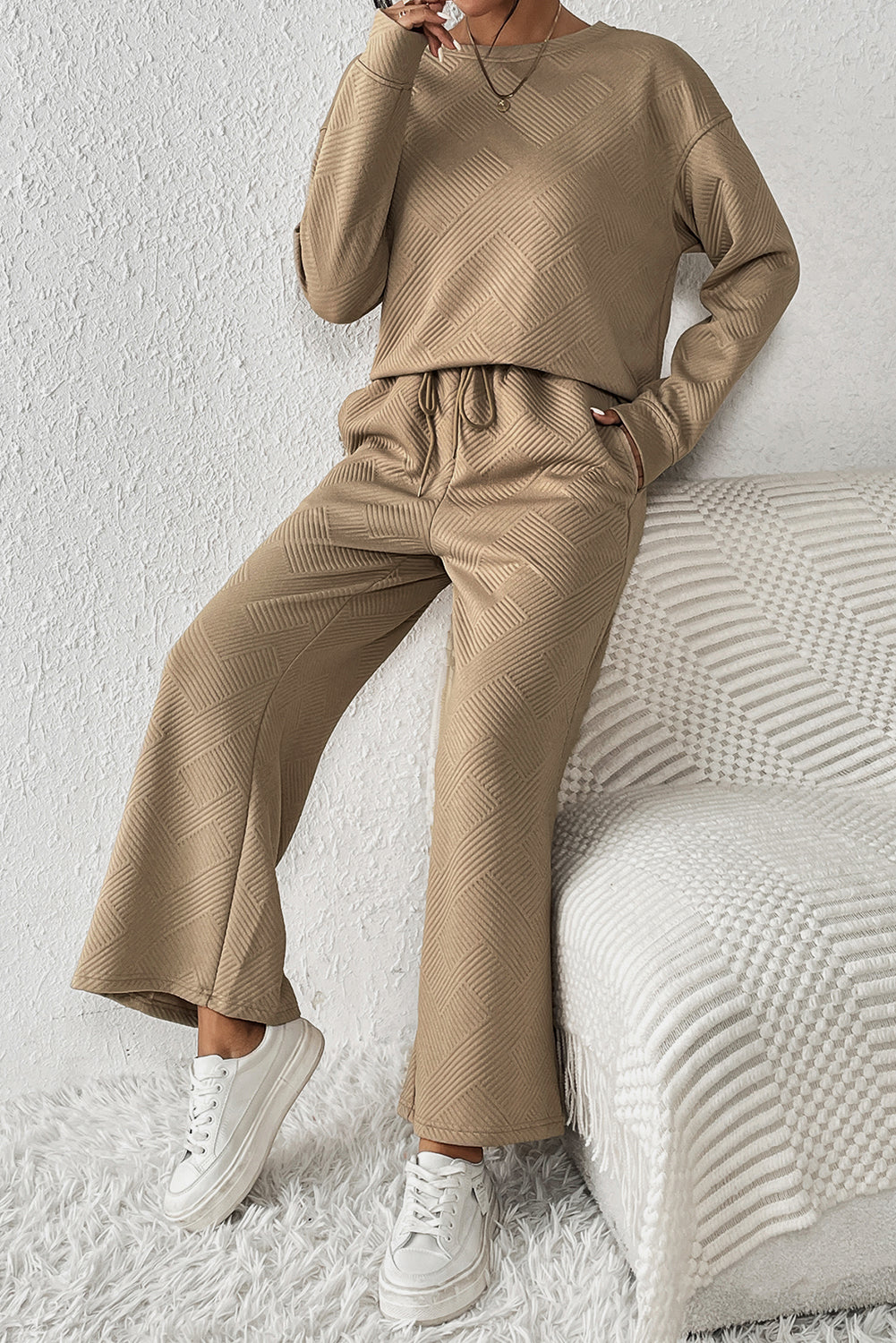 Textured Loose Slouchy Long Sleeve Top and Pants Set