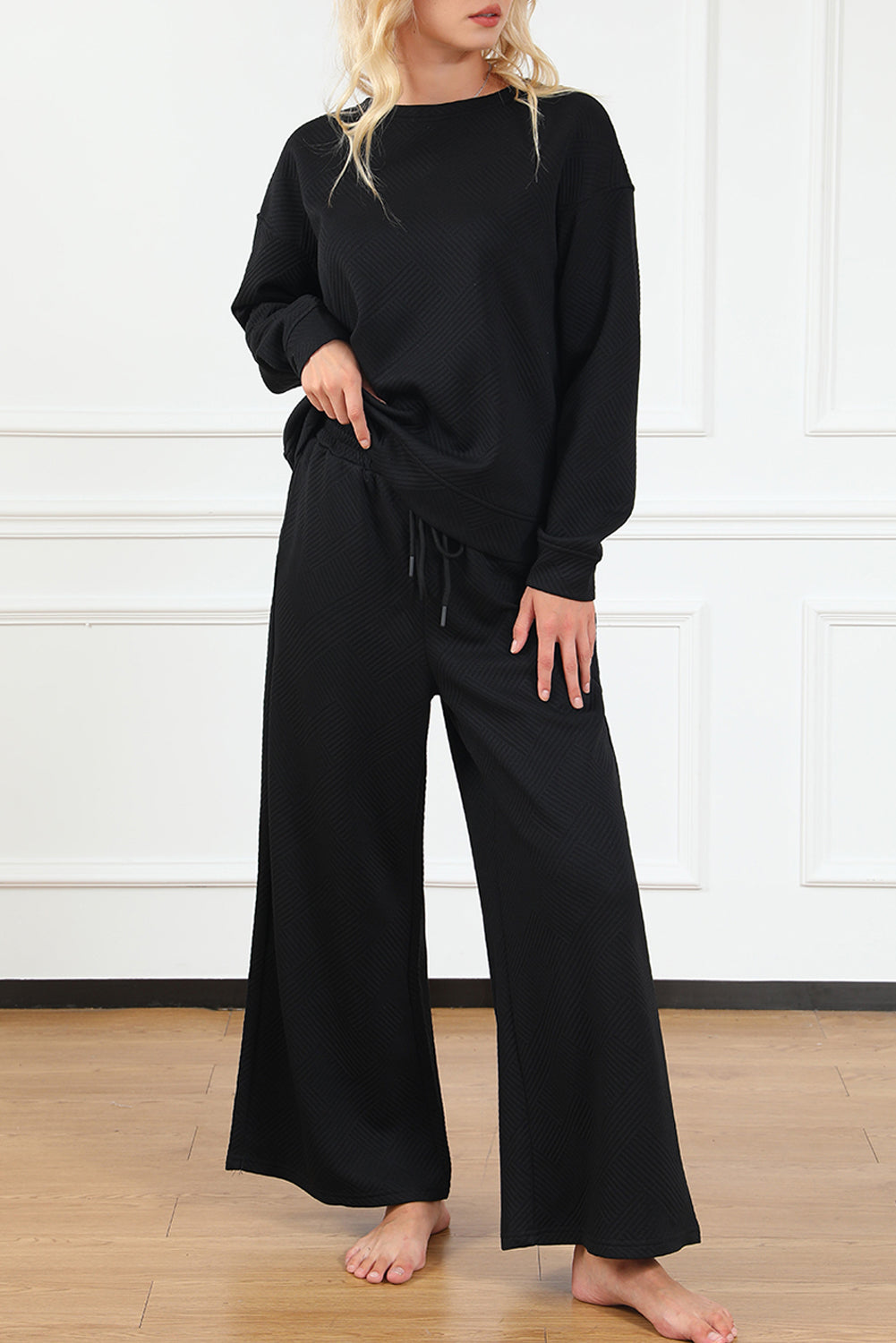 Textured Loose Slouchy Long Sleeve Top and Pants Set