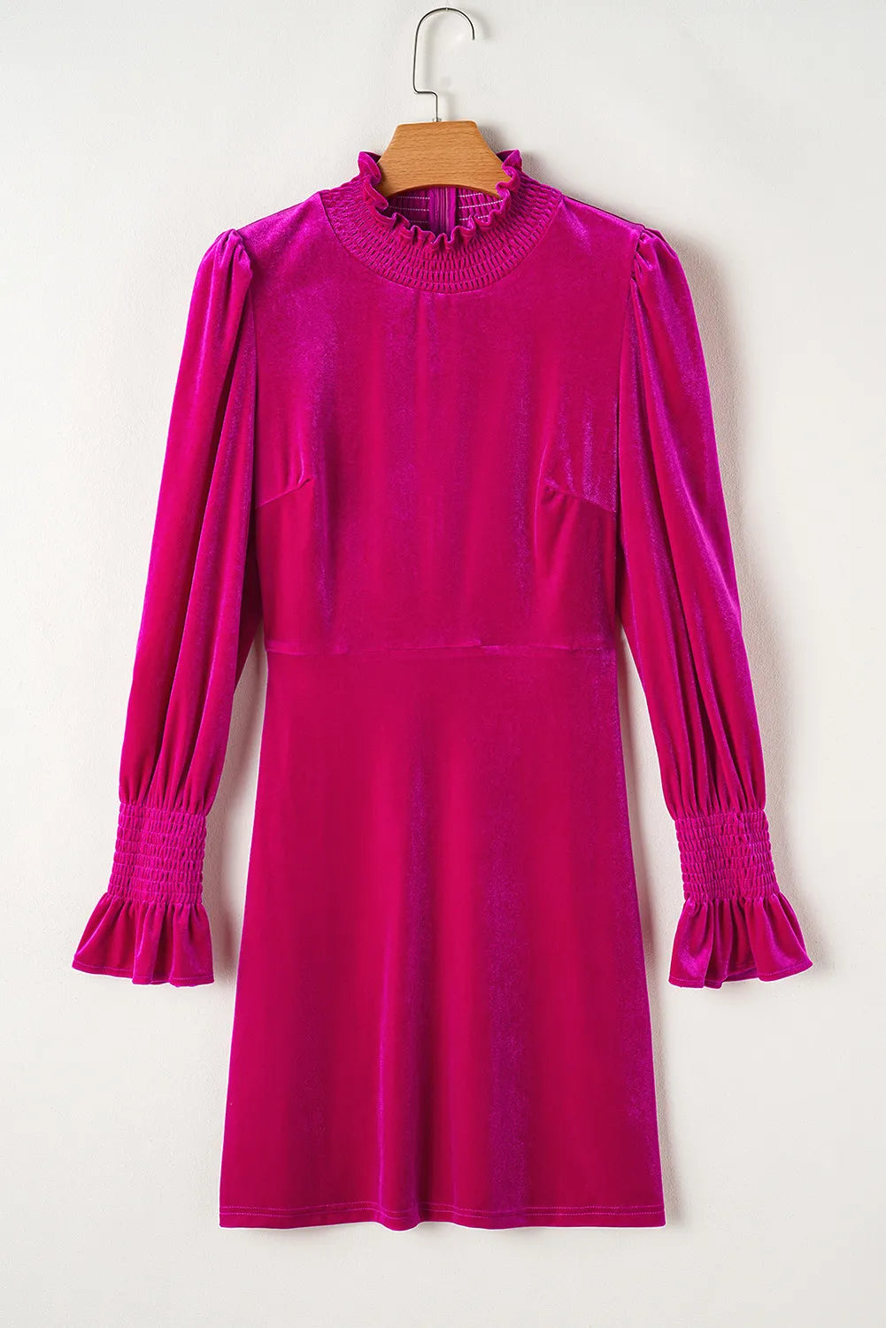 Elegant Fuchsia Ruched Sleeve Knee-Length Dress with High Neckline