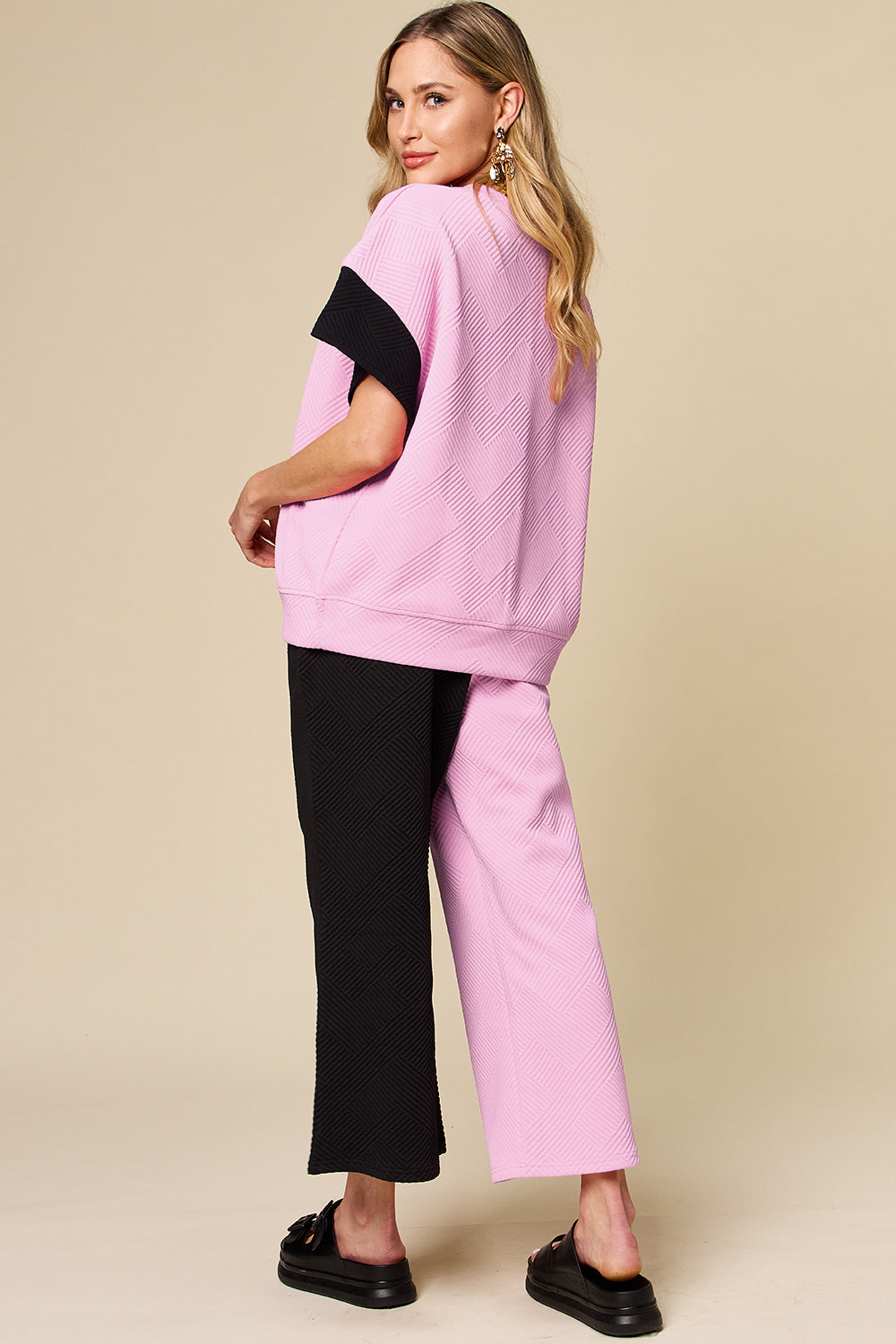 black and white Double Take Full Size Texture Contrast T-Shirt and Wide Leg Pants Set