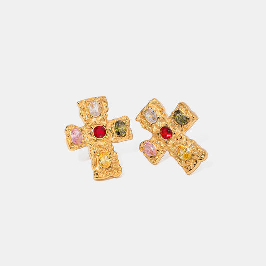 18K Gold-Plated Zircon Cross Earrings multicolor