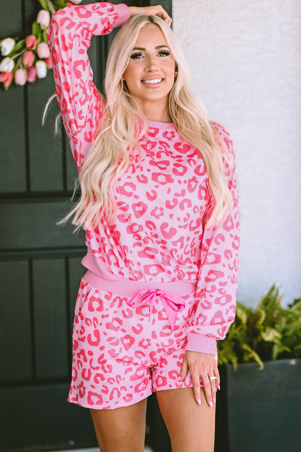 Pink Leopard Long Sleeve Satin Two Piece Set