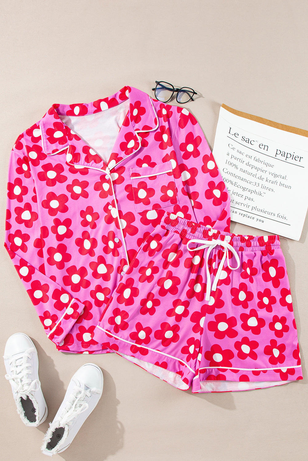 Pink Floral Print Long Sleeve Shirt Shorts Pajamas Set