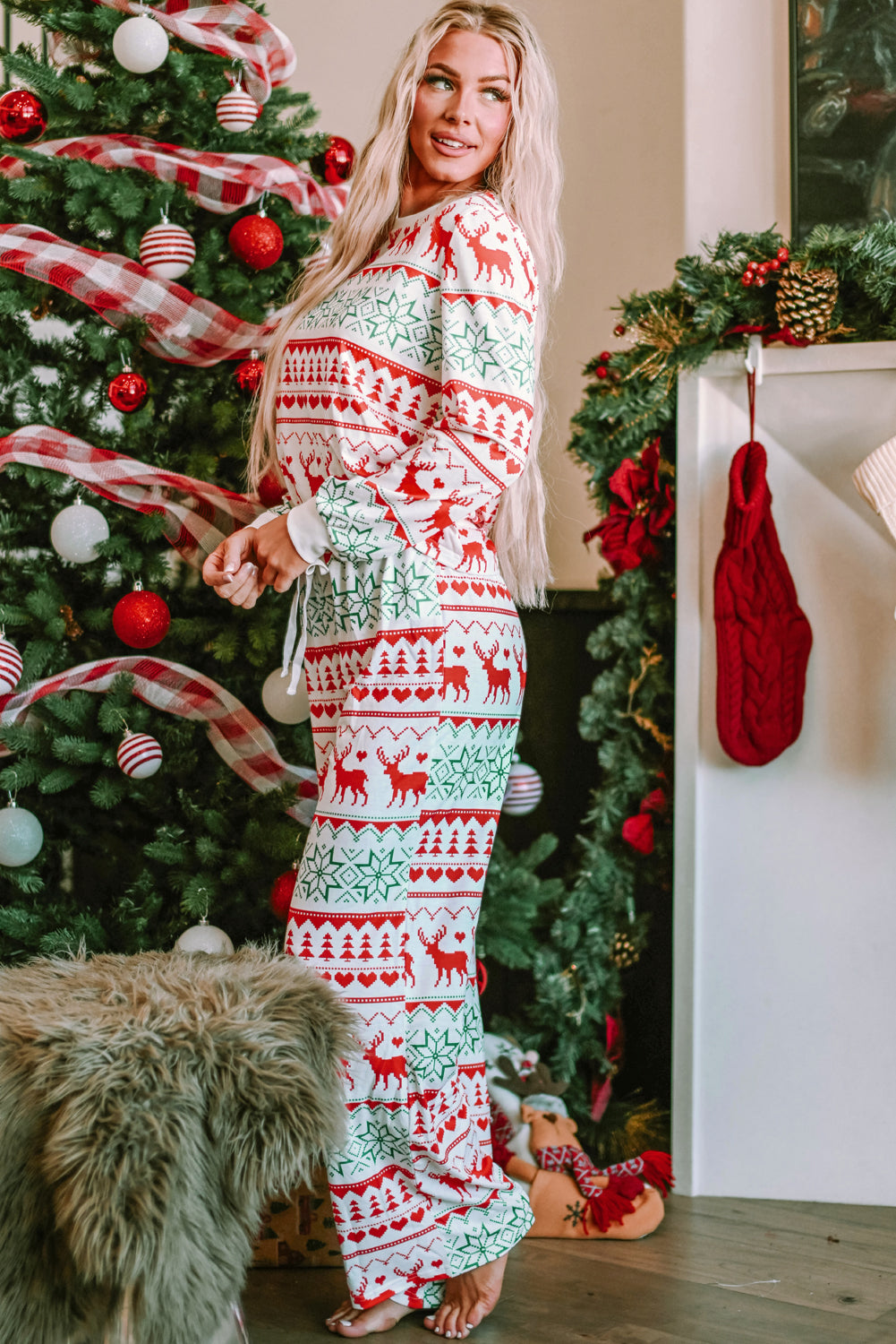 Festive White Christmas Print Pullover & Pants Lounge Set