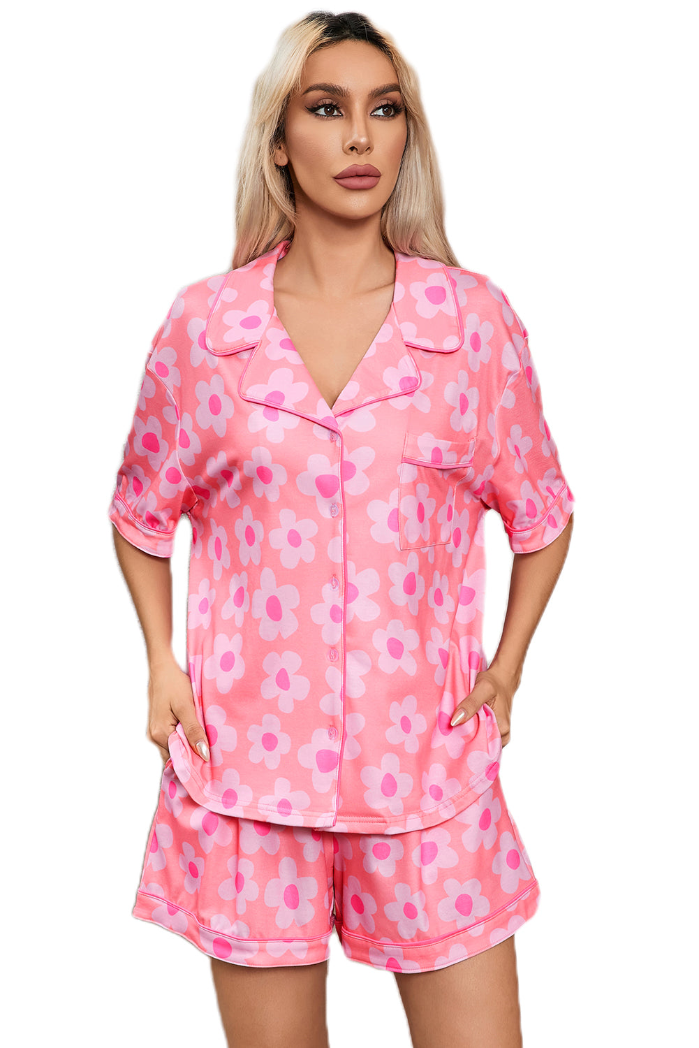Pink Floral Print Short Sleeve Shirt Pajamas Set