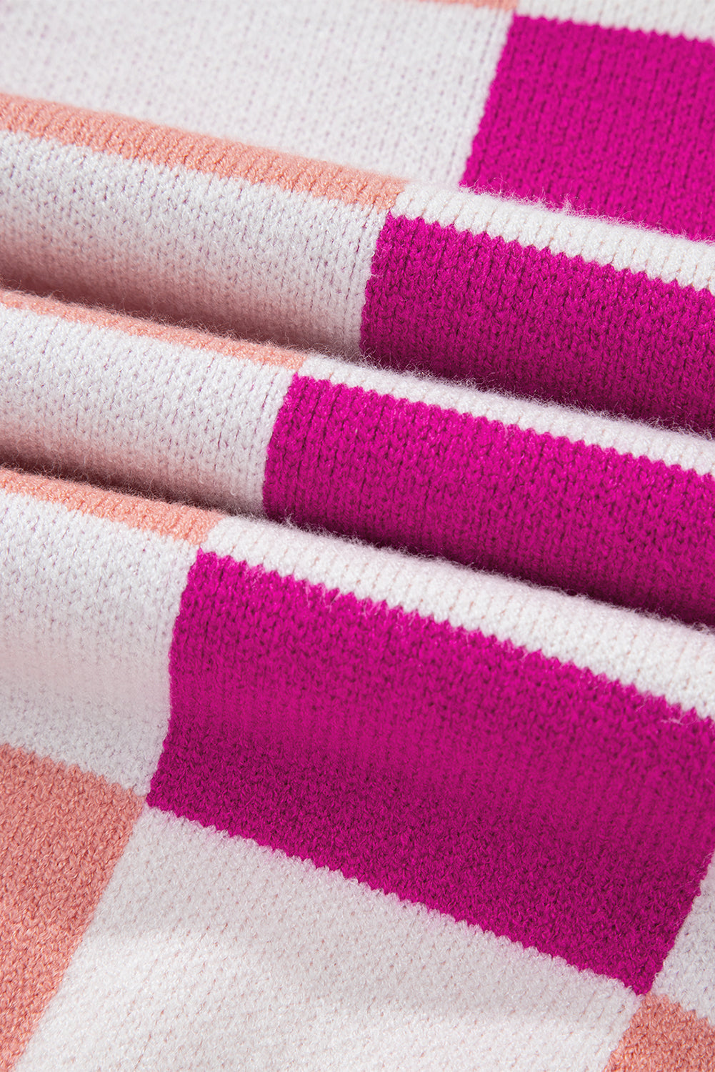 Pink Checkered Ribbed Edge Shoulder Sweater
