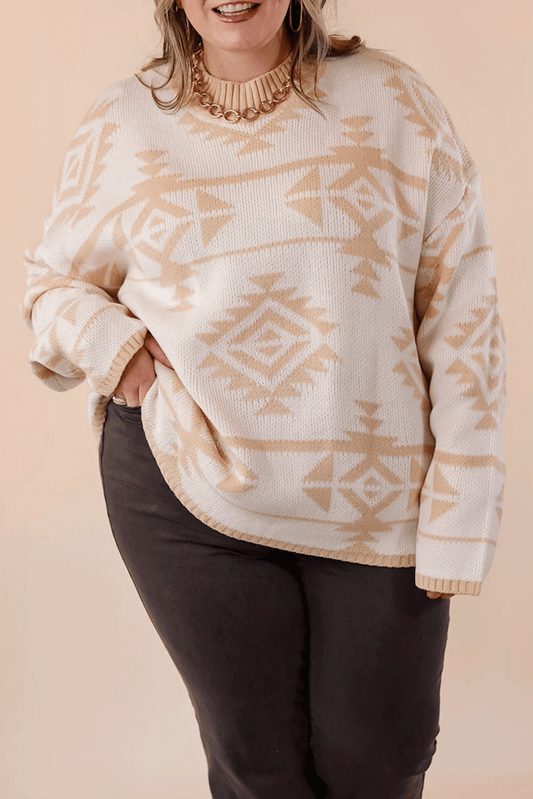 Plus-Size Cozy Loose Sweater with Vibrant Western Aztec Print