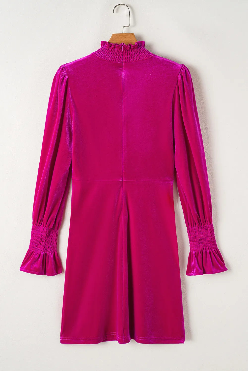 Elegant Fuchsia Ruched Sleeve Knee-Length Dress with High Neckline