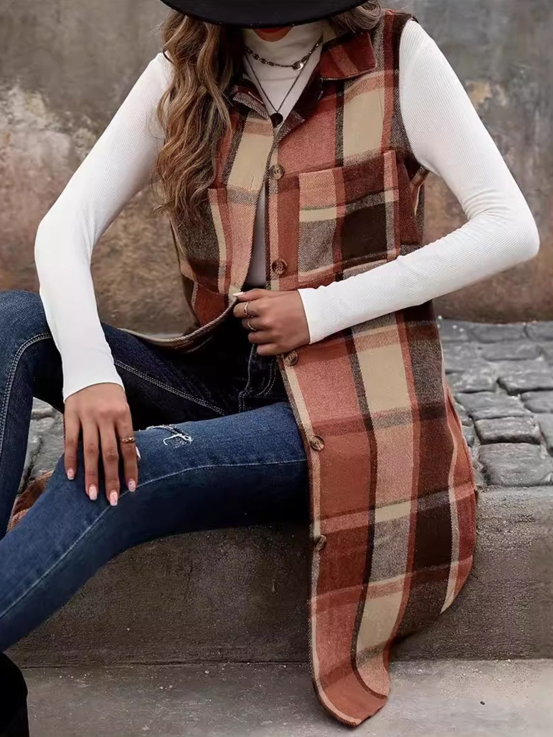 Trendy Plaid Button Up Vest Coat for Stylish Layering