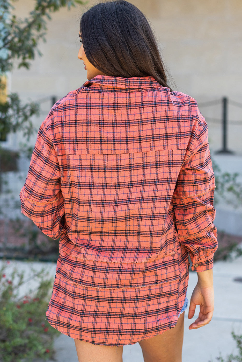 Plaid Long Sleeve Side Distressed Shirt