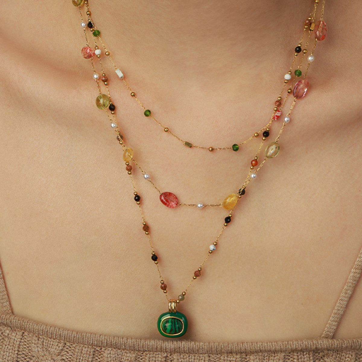 2-Piece Pearl & Natural Stone Necklace with Gold-Plated Beads and Oil Drip Charm