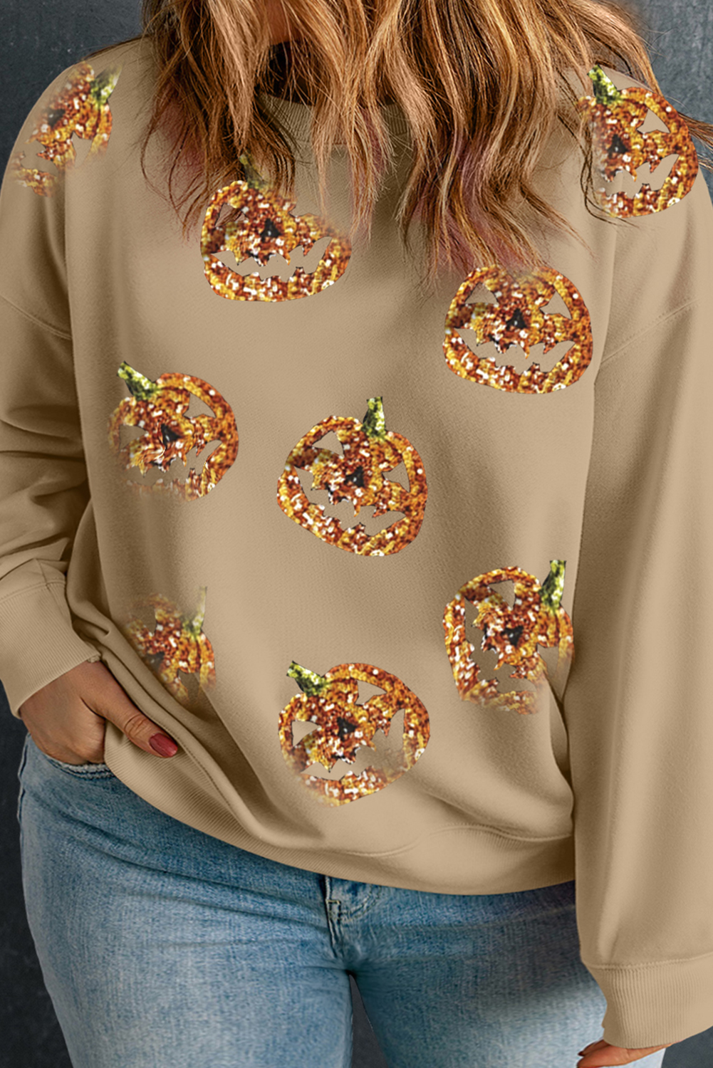 Apricot Sequin Pumpkin Face Graphic Plus Size Halloween Sweatshirt