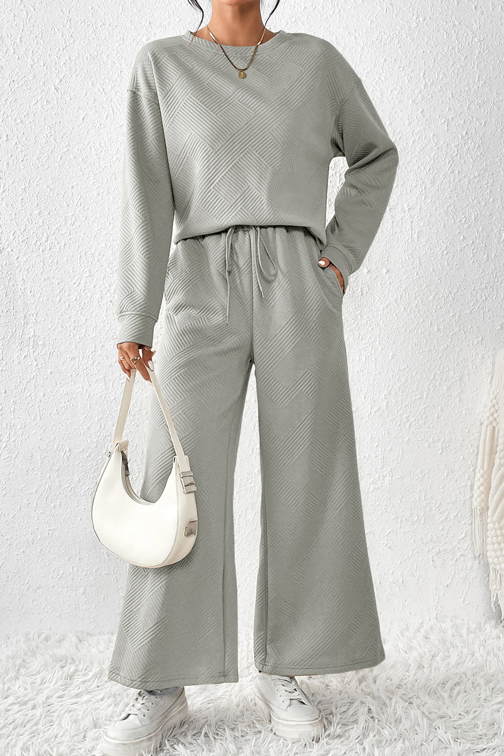 Textured Loose Slouchy Long Sleeve Top and Pants Set