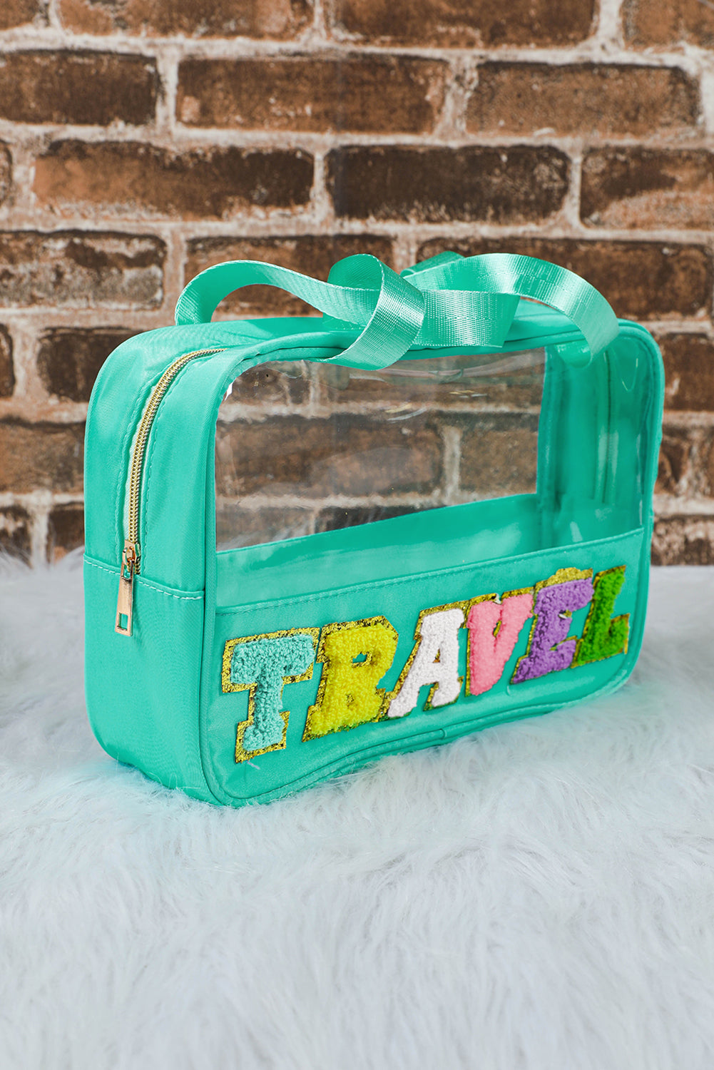 Mint Green TRAVEL Chenille Letter Clear Makeup Bag