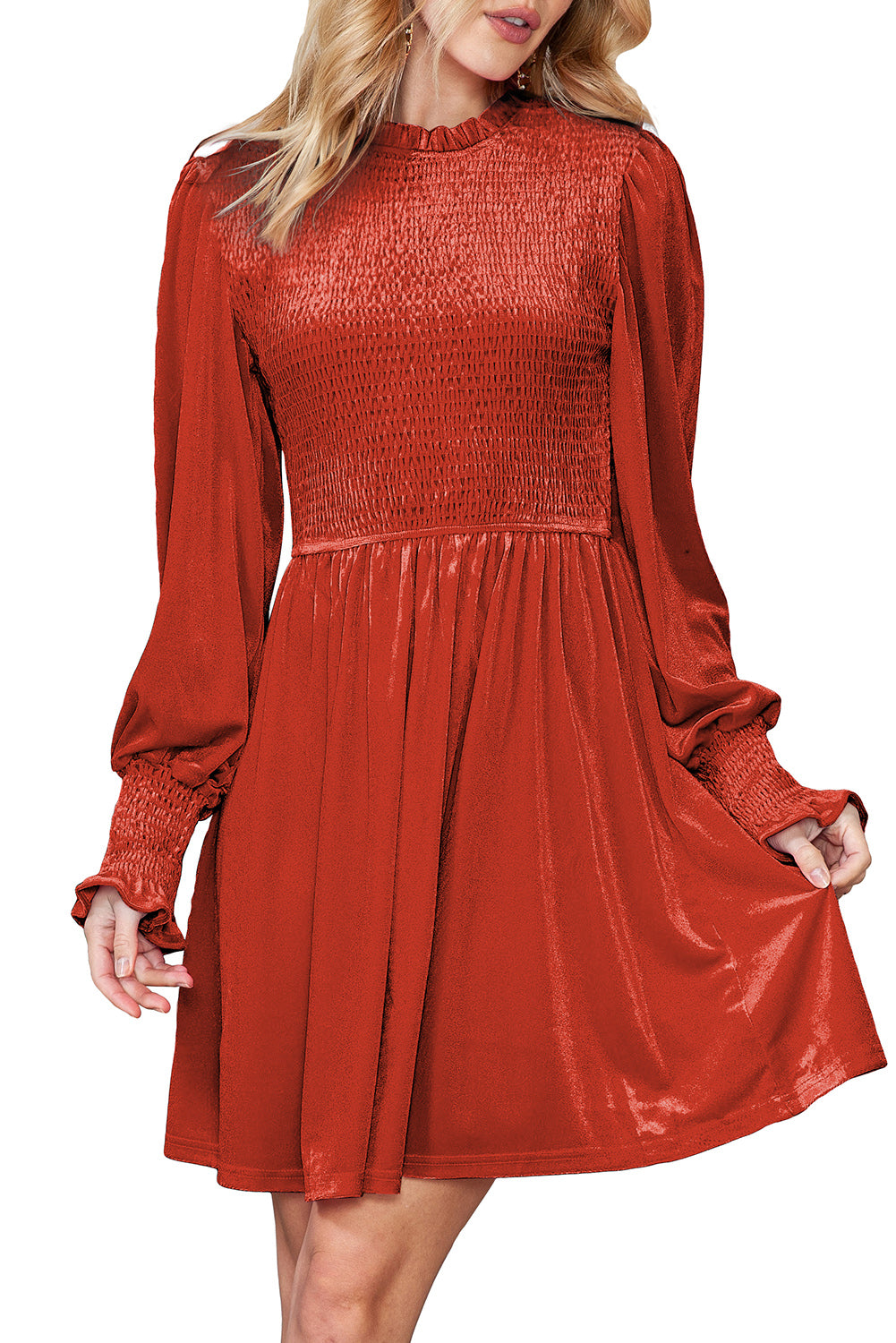 Red Smocked Lantern Sleeve Frilled Velvet Dress