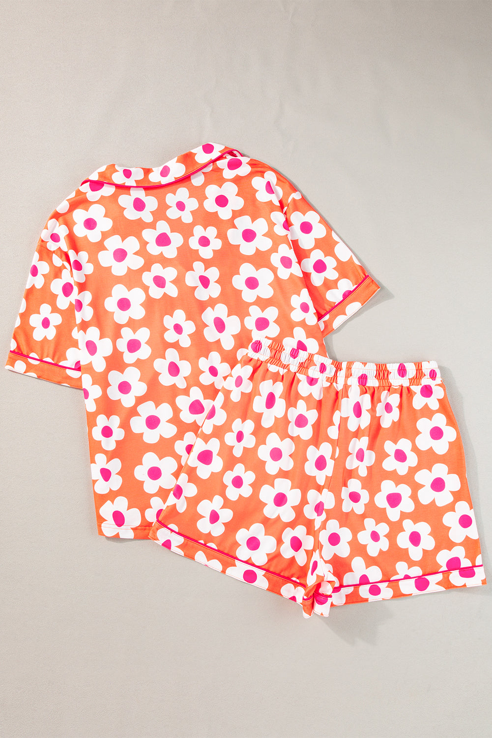 Orange Floral Print Short Sleeve Shirt Pajamas Set