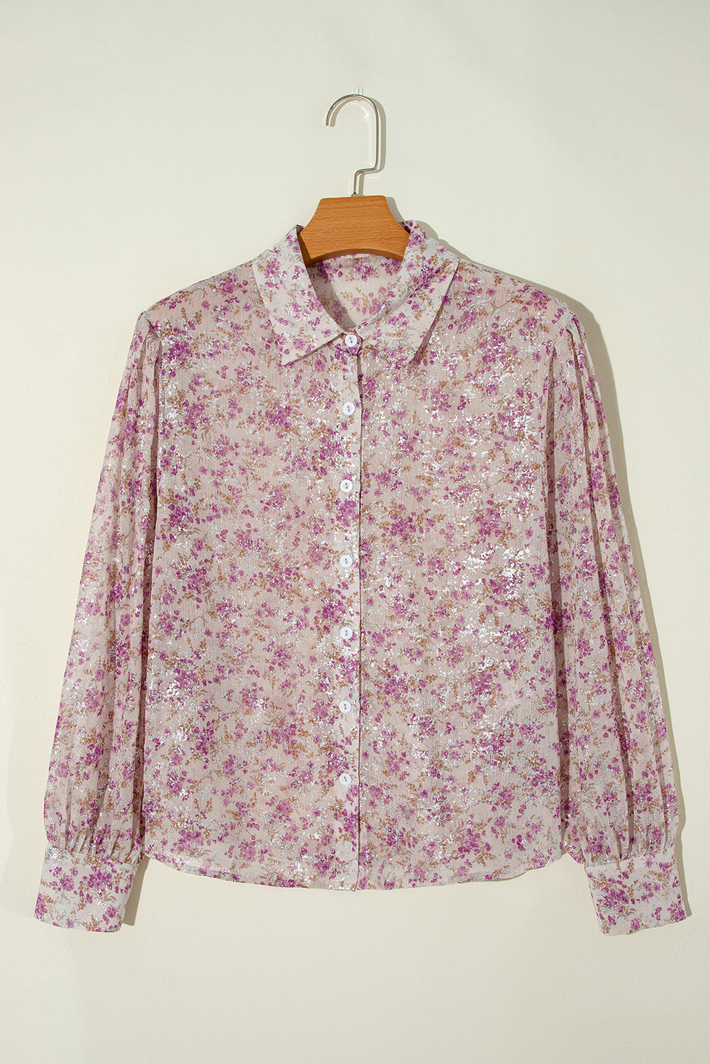 Pink Floral Bishop Sleeve Collared Blouse